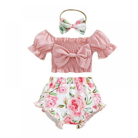 

LOVEBAY Baby Girl Clothes Infant Girl Outfit Bow Short Blouse Top Floral Printed Shorts Headband Set Summer Princess Girls Clothes Outfit