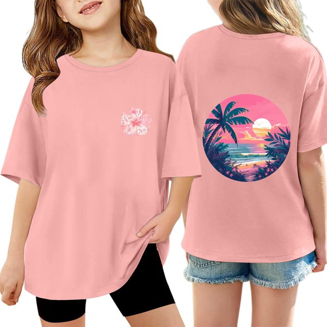 Chemises Filles T-Shirt Col Rond Ample Mode Imprimé Haut Décontracté Manches Courtes Vêtements Bébé Filles Rose