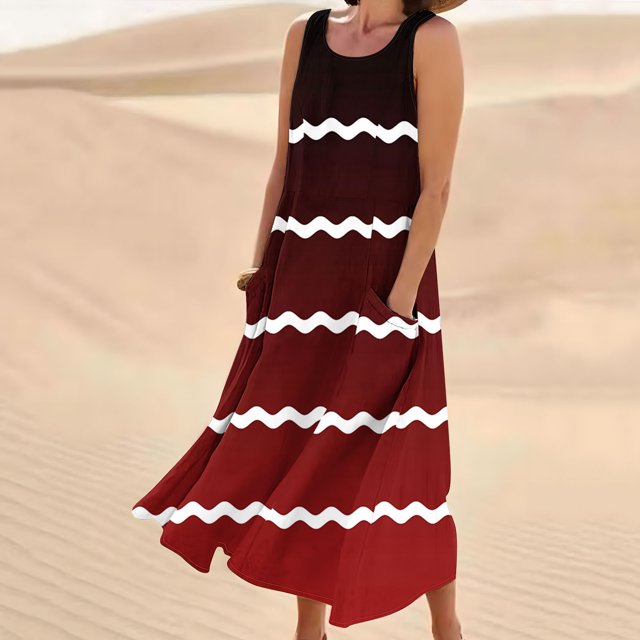 LSLJS Nouvelle Robe Longue Sans Manches en Coton et Lin à Col Rond Imprimée, Robe d'Été de Plage