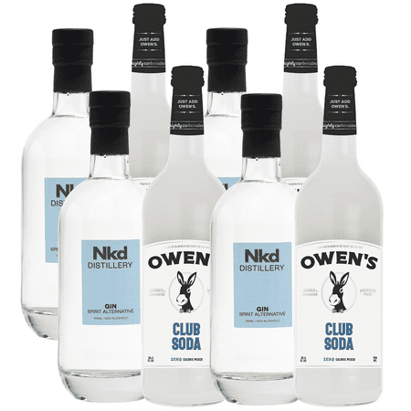 Nkd Distillery Gin 4 Pack Alternative Premium Non-Alcoholic Spirit 750 ML Bottles w 4 Pack Owen’s Mixers Club Soda 750 ML Bottles - Perfect for Mocktails - A