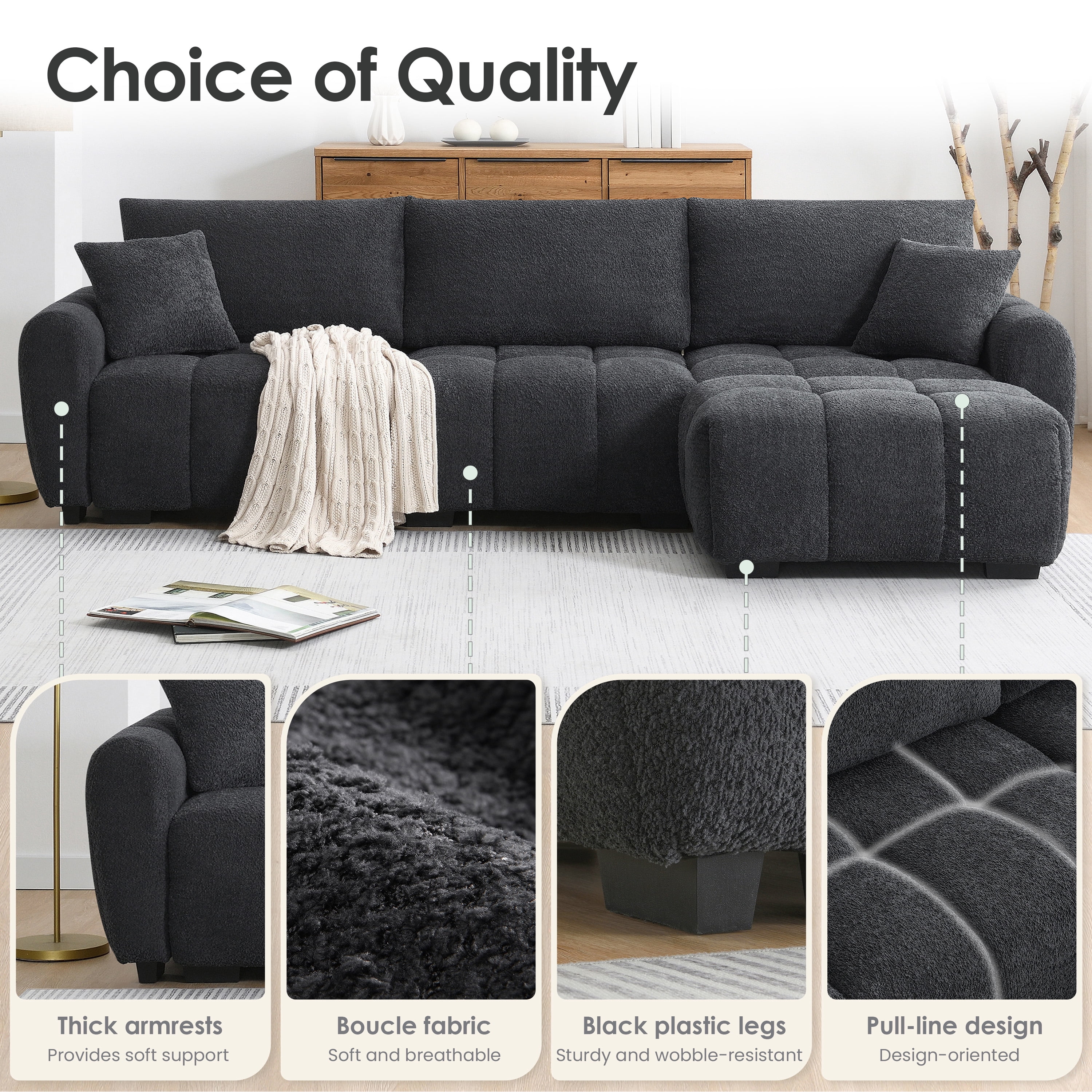 Sectional Sofa, Modular Sofa, L-Shape Couch with Movable Ottoman and Pull-Line Design, 4-Seater Boucle Fabric Sofa, Black+Gray