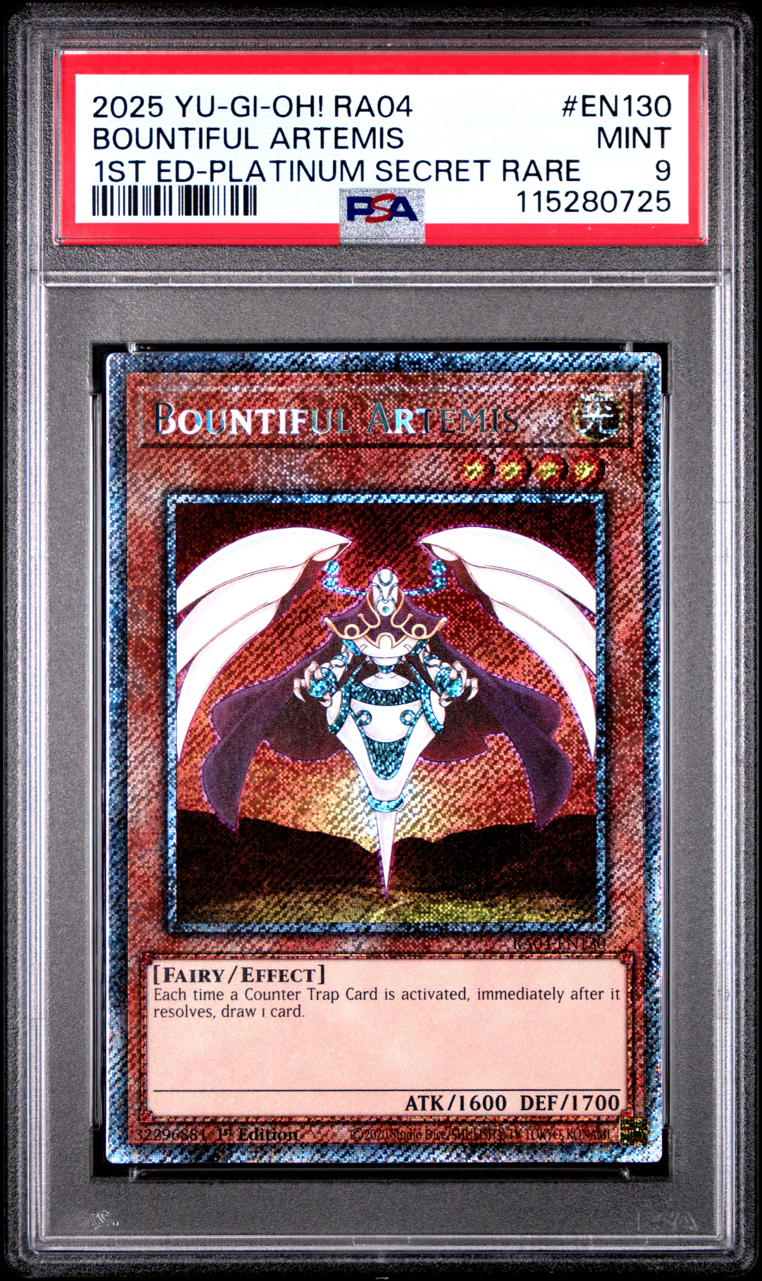 Yu Gi Oh! TCG, PSA Graded 9 MINT, Bountiful Artemis 1St Ed Platinum Secret Rare #EN130, Ra04 Quarter Century Stampede, Fully Encapsulated Bundle with Compatible Yu Gi Oh! Hard Sealed Case