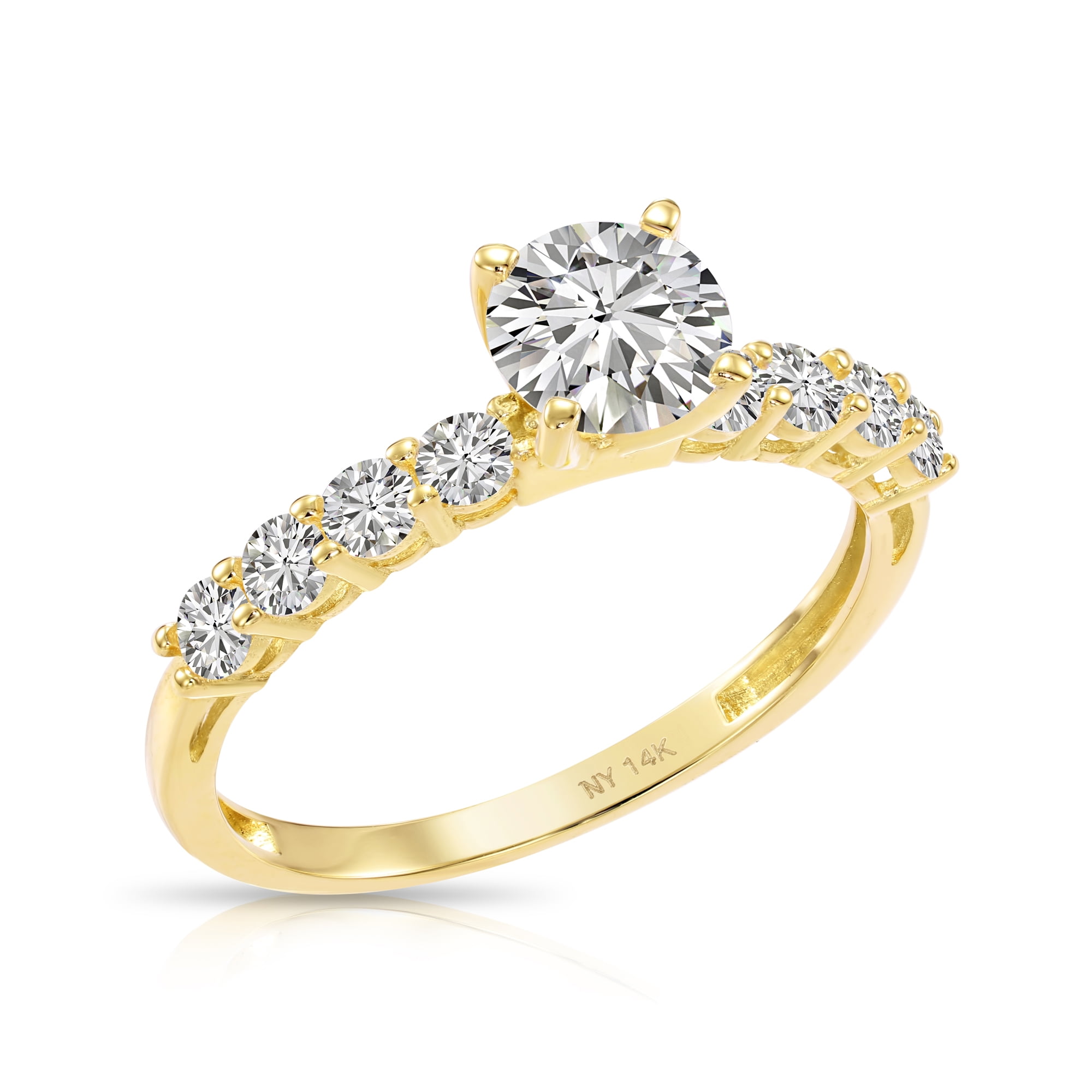 Tilo Jewelry 14K Yellow Gold 1 Carat Solitaire Round Brilliant Engagement Wedding Ring with Side-stone Accents | Size 5 | Classic Engagement Ring for Women