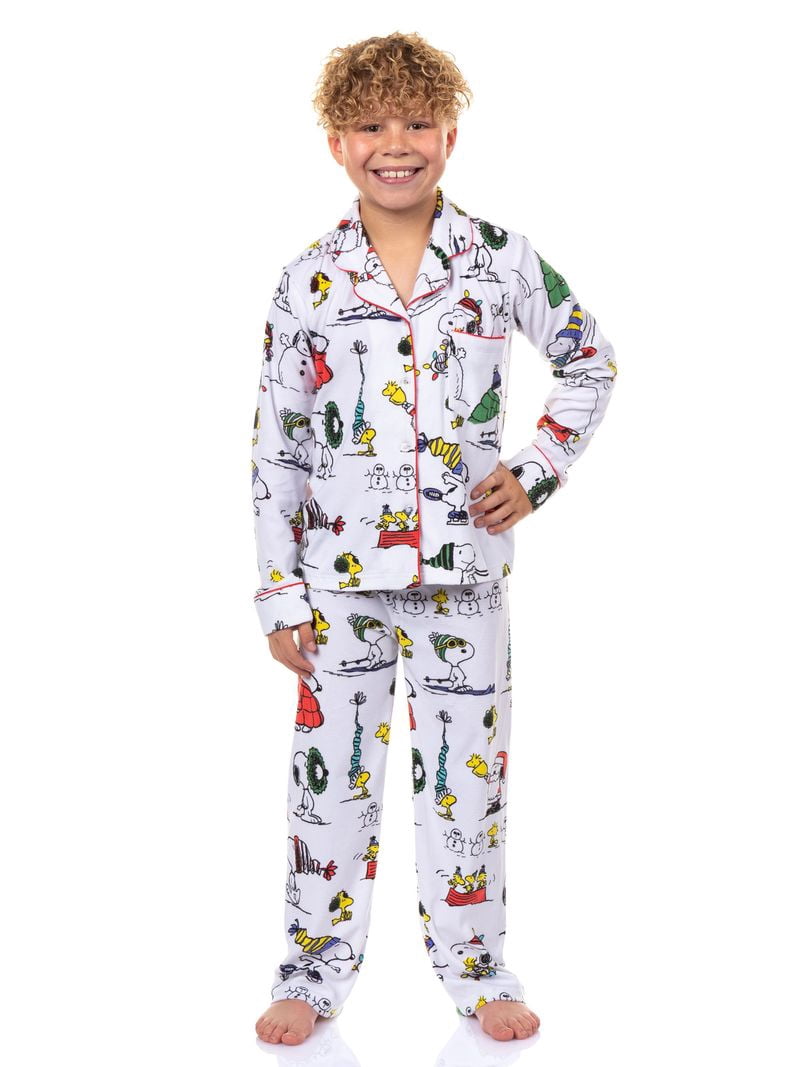 Peanuts Kids Unisex Snoopy Holiday Matching Family Notch Collar Velour Pajama Sets, 2-Piece, Sizes 4-16