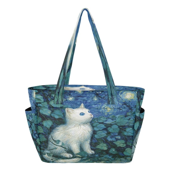 Quilted Tote Bag Large Capacity Multi-Compartment Handbag Lightweight Structured Shoulder Bag Versatile Casual Bag Blue Eyes Cat