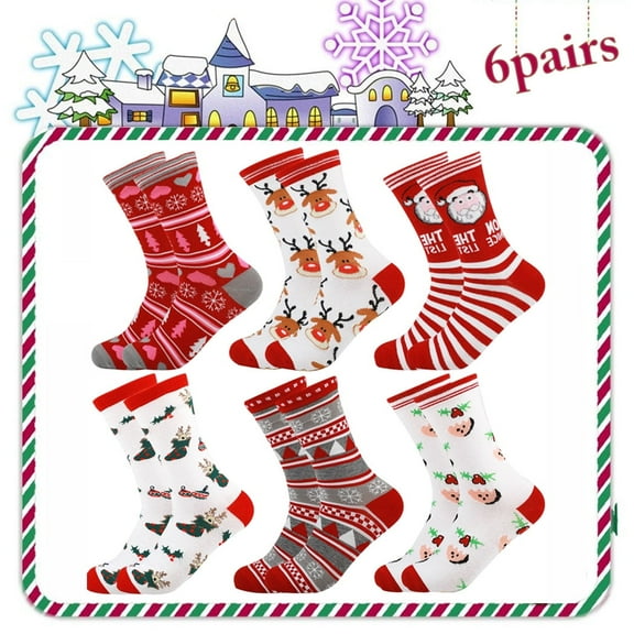 6 Pairs Christmas Socks for Men Women Cotton Crew Socks Xmas Holiday Knee Cozy Socks Christmas Gifts