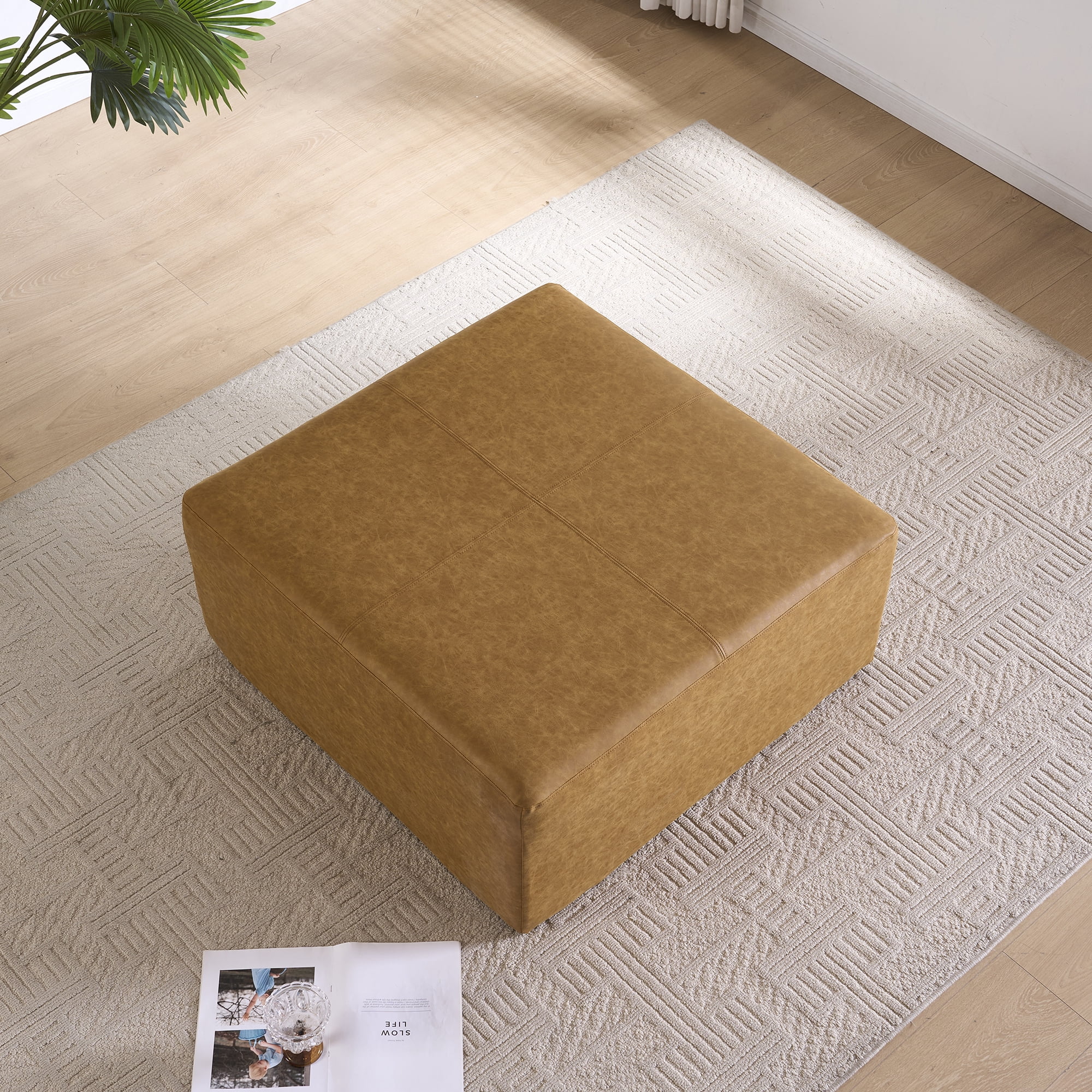 35" Wide Oversized Square Ottoman Coffee Table, Faux Leather Couch Ottoman Large Footstool for Living Room (Camel Brown, Square)