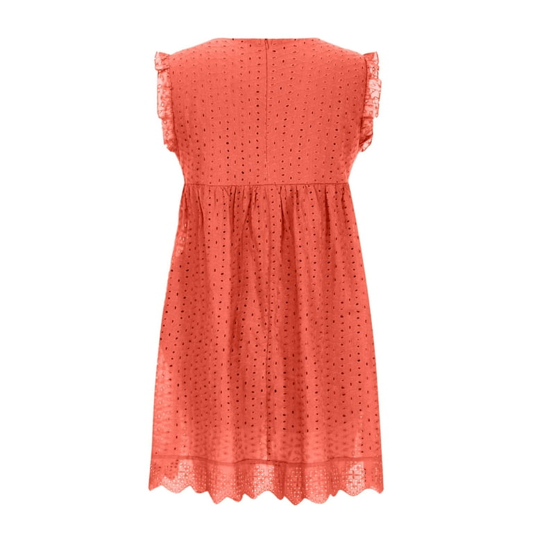 safuny Women's Mini Babydoll Dress Solid Color Holiday Retro Boho  Sleeveless Clothing Summer Beach Eyelet Pleated Casual V Neck Dress Orange  XL - Walmart.com