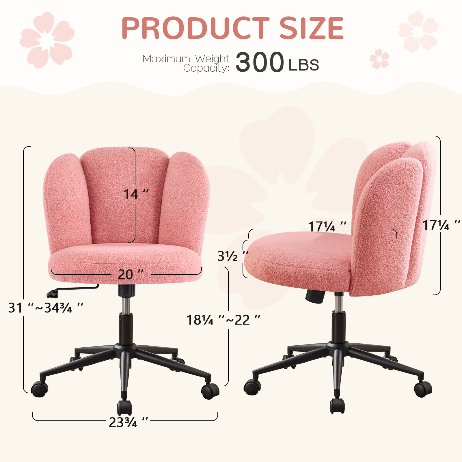 Furniliving Modern Upholstered Home Office Chair with Cloud Shaped Backrest, Cute Armless Vanity Chair, 360° Swivel Height Adjustable Desk Chair, Computer Task Chair for Bedroom, Pink