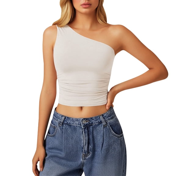 IWRICH Women's One Shoulder Tank Tops Stylish Sleeveless Slim Fit Cropped Tee Shirt Summer Tops White XS