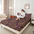 thumbnail image 4 of Homewish Vintage Baroque Floral Twin Sheet Sets,Damask Victorian Twin Fitted Sheet,Gold Purple Flat Sheet For Adults,Microfiber Bedroom Decor,3pcs, 4 of 7