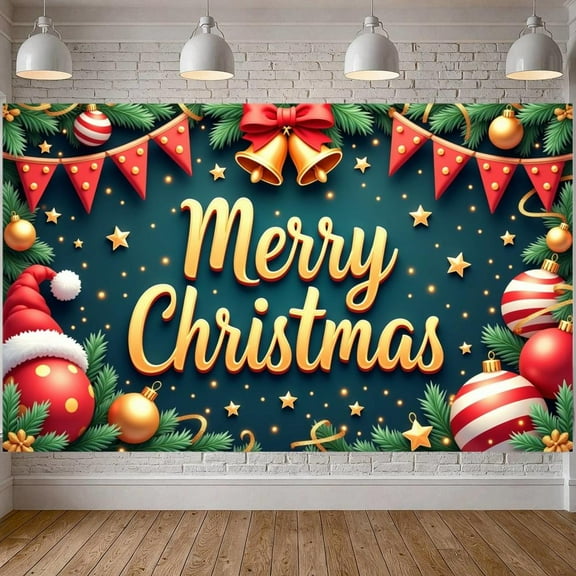 Golden Letter Christmas Banner Red Green Theme Merry Christmas Banner Christmas Bell Golden Star Holiday Banner for Christmas Party Family Gathering Indoor Decoration