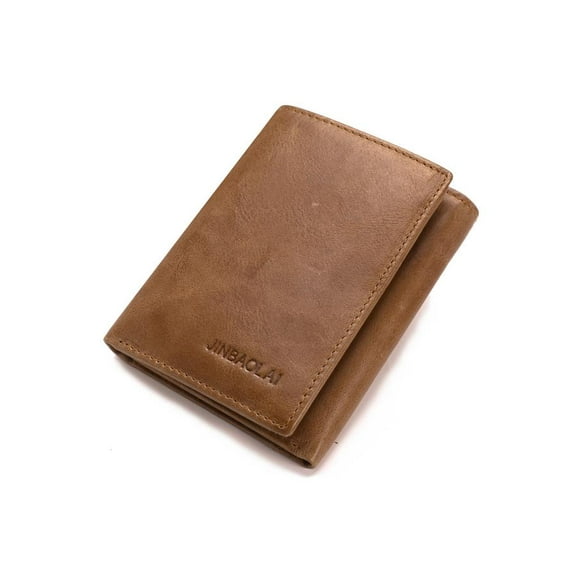 Men's Tri-Fold Leather Wallet Deep Coffee，Men's Leather Trifold with ID Window Wallet, Brown