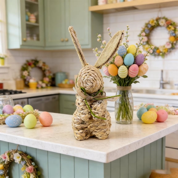 AZXY Easter Straw Woven Bunny Figurine, 11.02" Handmade Natural Rattan Rabbit Decor with Burlap Ears, Festive Spring Tabletop Ornament for Home, Office & Party Indoor Outdoor