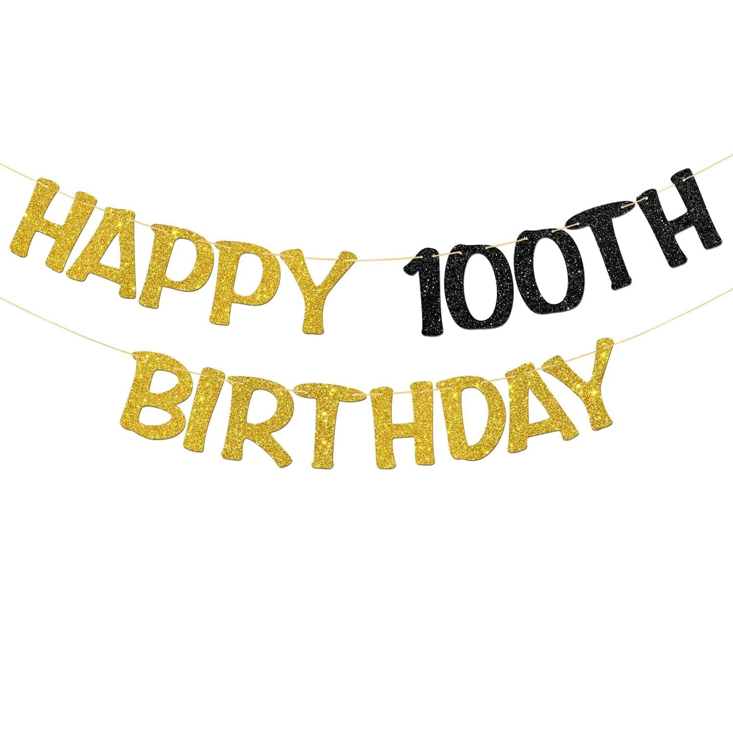 Happy 100th Birthday Banner - Adult 100th Birthday Party Garland Supplies - Cheers to 100 Years Party Decorations - Gold Black Glitter