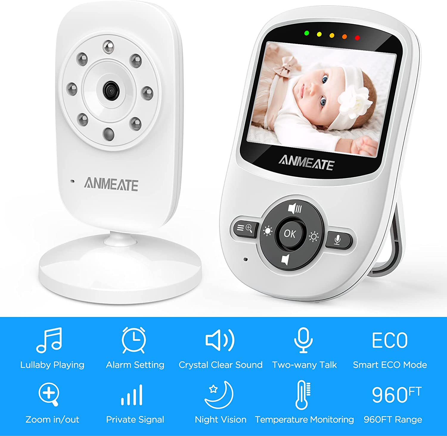 ANMEATE Video Baby Monitor with Digital Camera, Digital 2.4Ghz Wireless Video Monitor with Temperature Monitor, 960ft Transmission Range, 2-Way Talk, Night Vision, High Capacity Battery (2.4inch) SM - image 2 of 7