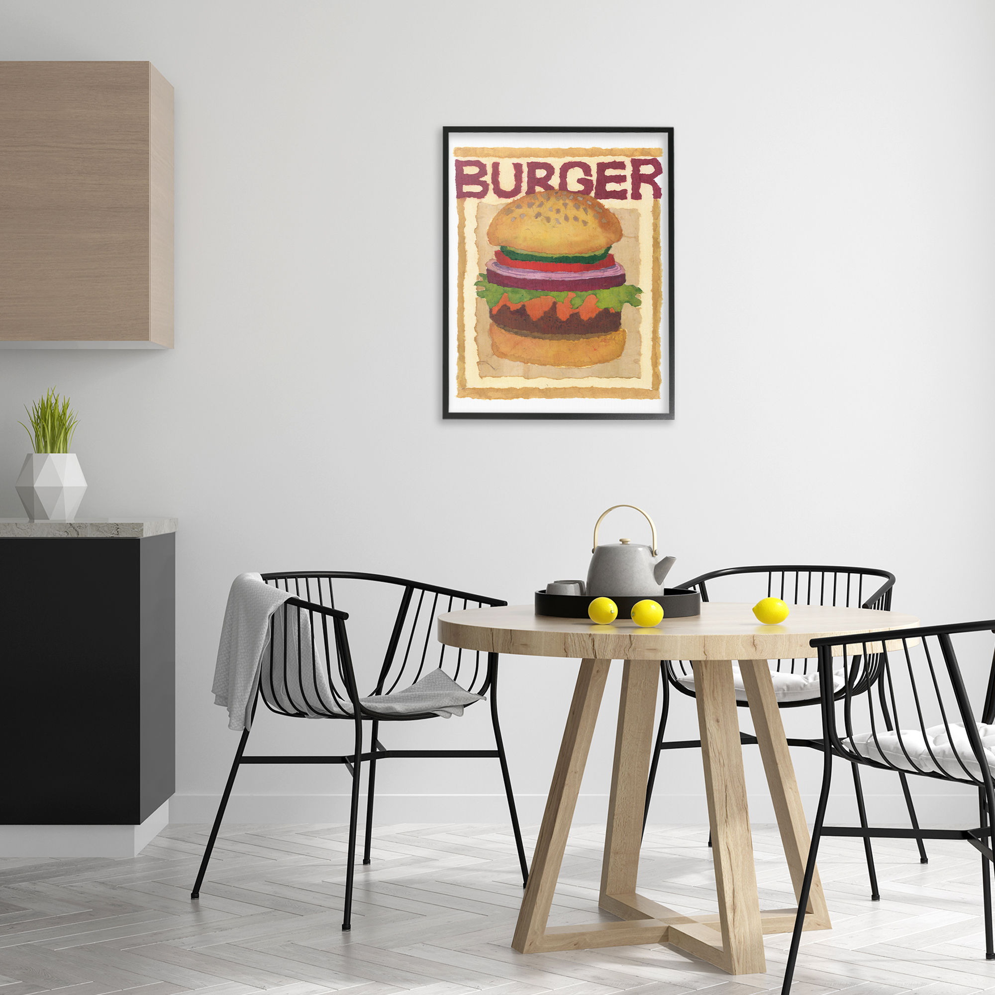 Stupell Industries Watercolor Style Burger Food & Beverage Painting Black Framed Art Print Wall Art, 24 x 30