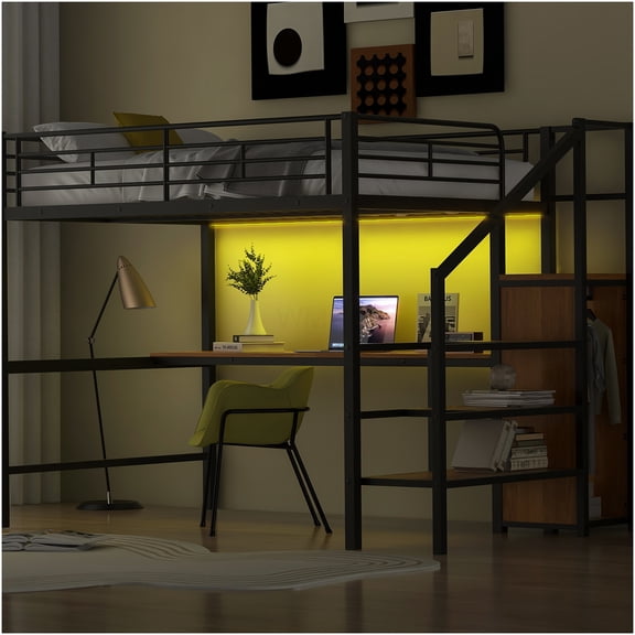 Full Size Loft Bed with Desk, Storage Stairs, Wardrobe & LED Lights, Space-Saving Metal Bunk Bed Frame, Black