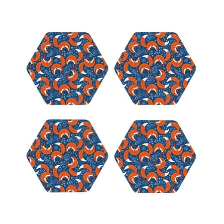 

KLL Drink Coasters Set Hexagon of 4 PU Leather Absorbent Coasters Set Decorative Coffee Cup Coasters Housewarming Gift for Home Decor-Abstract Vintage Fox and Plants