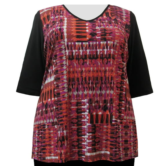 Viviana Women's Plus Size 3/4 Sleeve V-Neck Top - Fuchsia Lattice -1X