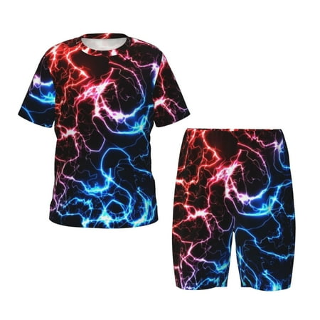 Luyuia Red And Blue Lightning Print Girls  2-Piece Tie-Dye Pajama Set  Cute Summer Loungewear with Shirt and Tank Shorts Nightwear-Large
