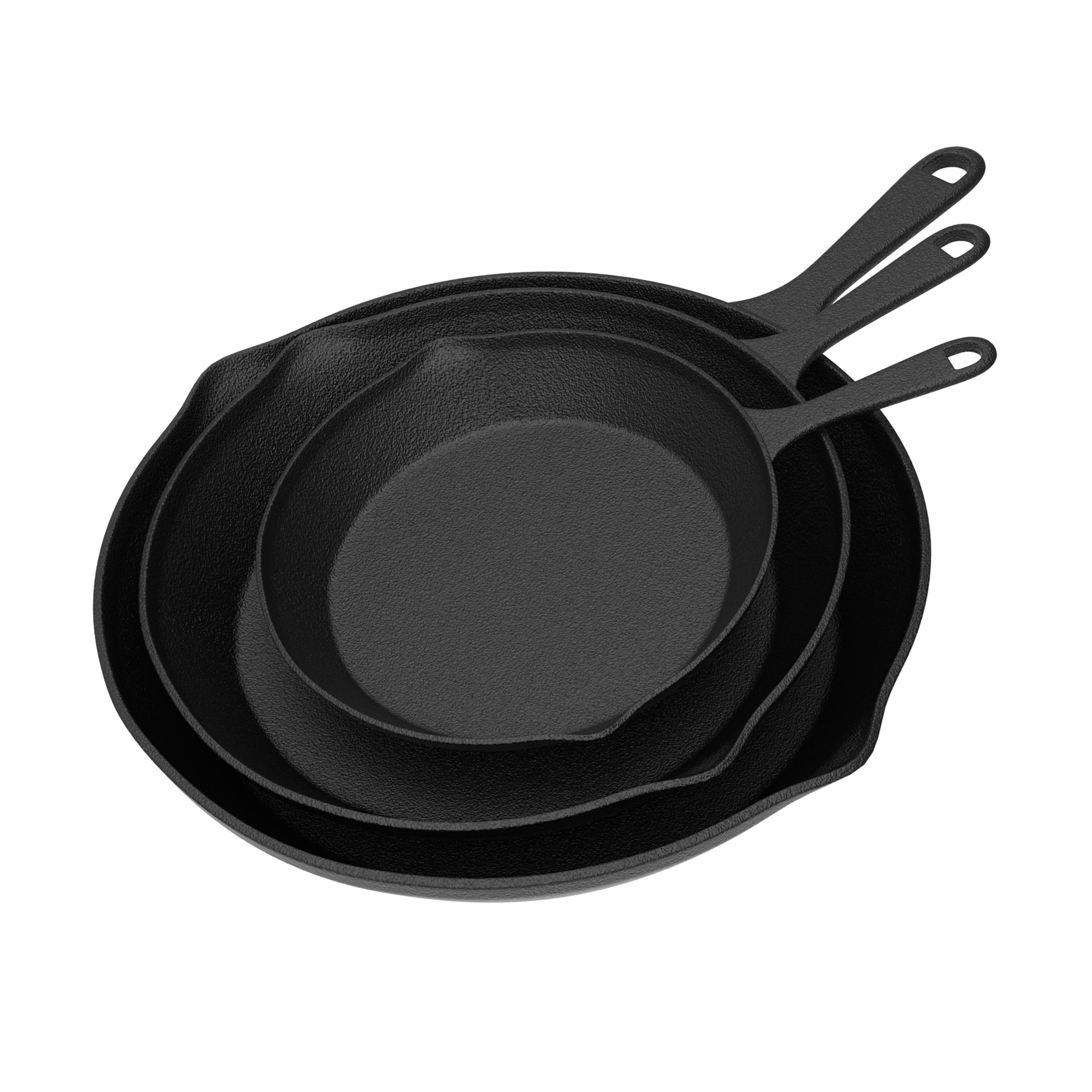 Eternal Living Cast Iron 3 Piece Skillet Set, Nonstick Pre-Seasoned  Chemical Free & Heavy Duty for Use on Stove Top, Oven or Grill 6 8” & 10”,  Black
