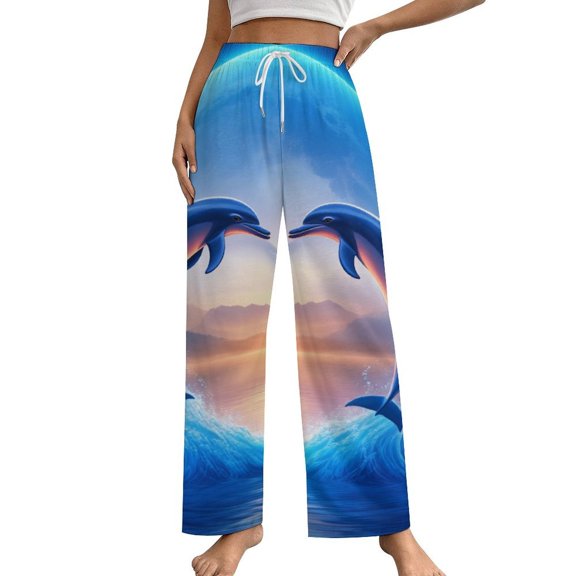 Dolphins Heart Moonlight Pajama Pants Loose Pajamas Female Breathable Home Trousers Leisure Sleeping Pants Large Size