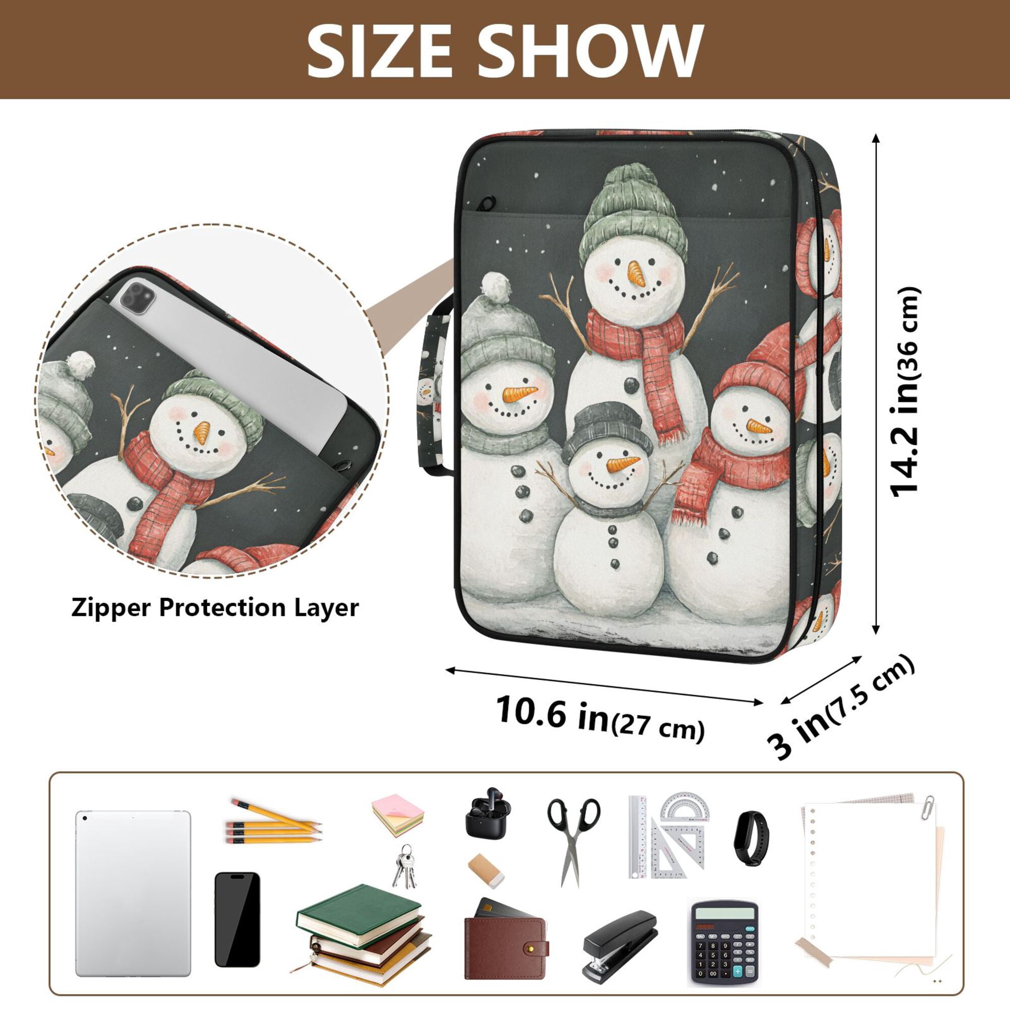 FORMRS Accordion File Folder A4 Size 7-Pocket Expanding Document Organizer Bag with 3 Ring Binder, Snowman Family
