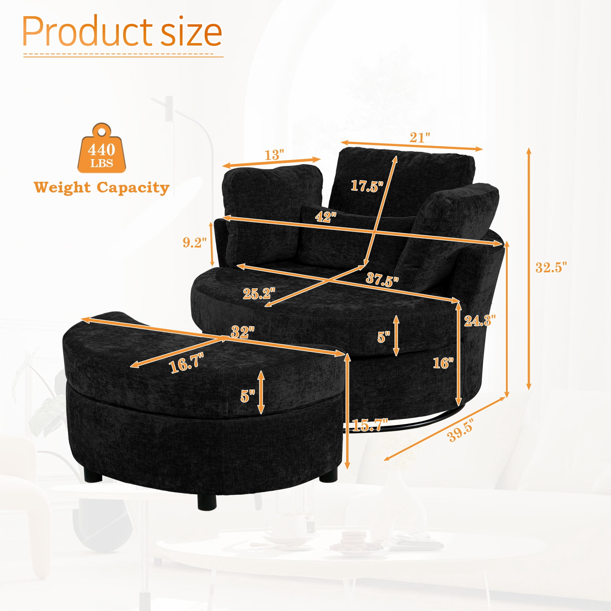 Lunale Oversized Swivel Accent Barrel Chair with Storage Ottoman, Black Chenille