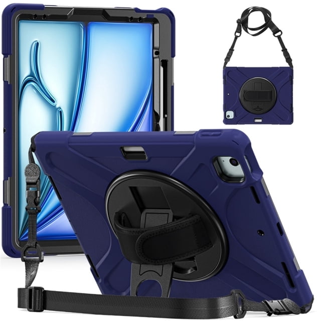 Funda para iPad Air 11 2024 / Air 11 2025, Silicona Anti-caída + Capa Protectora de PC con Asa, Correa para el Hombro, Funda Protectora Resistente a Golpes y Tres Pruebas para Tablet, Azul Marino