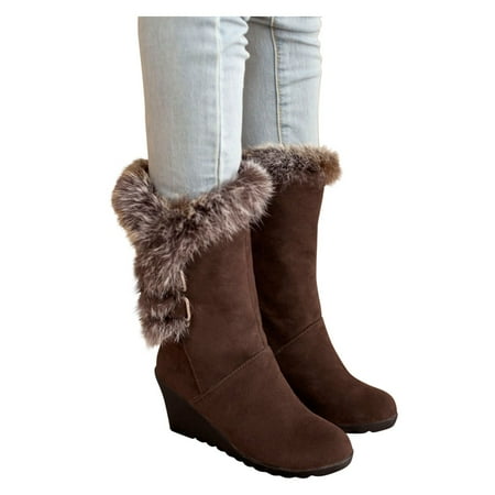 

Qepwscx Women Shoes Winter Warm Casual Fashion Solid Color Round Toe Mid Calf Belt Buckle Wedge Heel Boots
