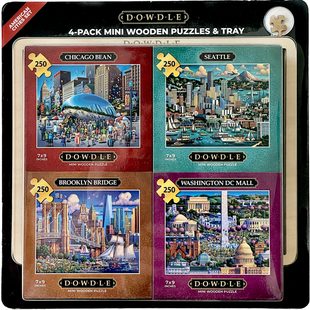DOWDLE 4Pack Mini Wooden Puzzles & Tray American Cities Set, 250 Piece Each, Assembly Tray 7