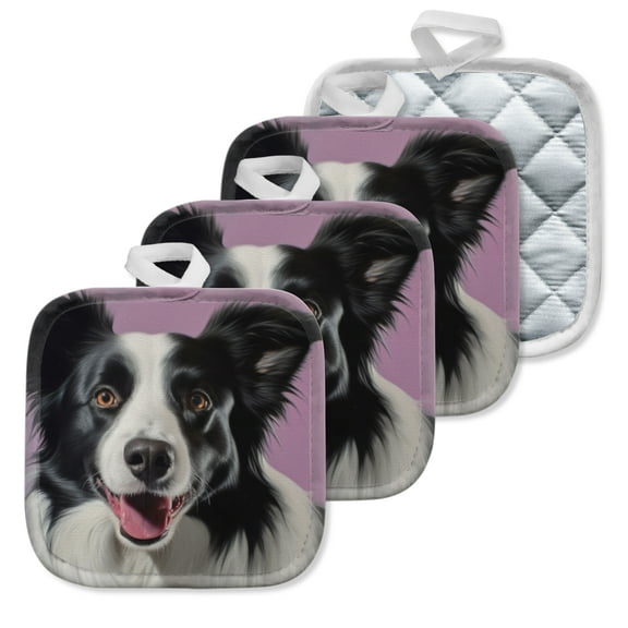 4 Pack Pot Holders,Kitchen Essential, Potholder Set,Border Collie Against A Purple Background
