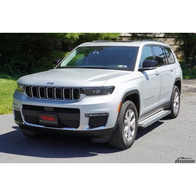 Fits 2021-2023 Jeep Grand Cherokee L Romik USA Running Board 21317418 RB2 Series; Polished; Silver; Aluminum; Unlighted; 450 Pound Capacity; With Mounting Bracket/Hardware