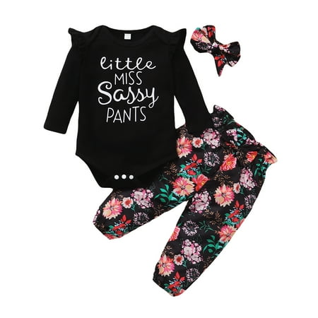 

NZRVAWS Newborn Baby Girls Outfits Long Sleeve Letter Print Ruffle Sleeve Romper Top+Floral Print Pants+Headband 3Pcs Clothes Set 3-6 Months Black