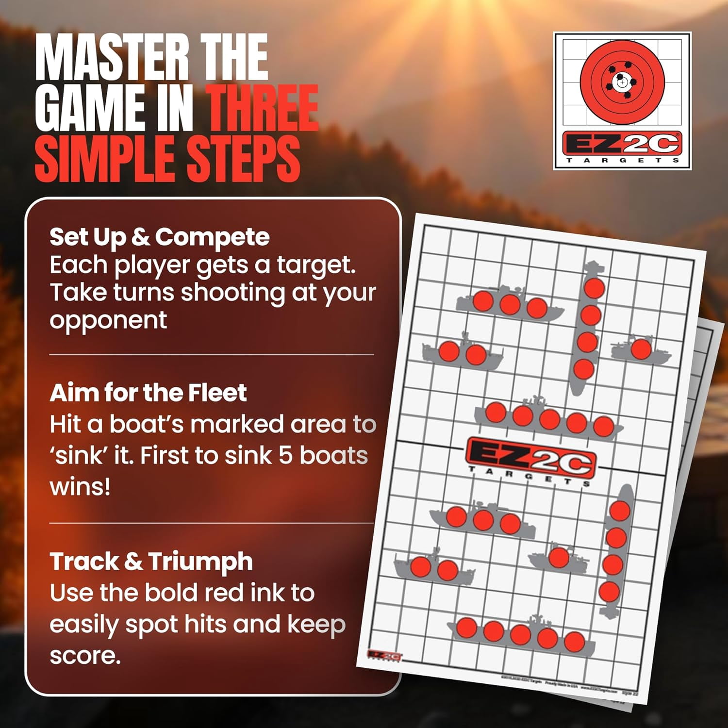EZ2C Targets Style 22: Sink The Boats. Fun Game. Paper Targets for Range Made in USA 11"x17" (Tear-Off Pad of 50)