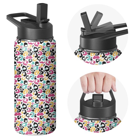 Leopard Print Insulated Stainless Steel Water Bottle with Straw & Cleaning Brush – 18 Oz | Leakproof, BPA-Free, 304 Stainless Steel, Wide Mouth, Travel Mug for Car, Gym, Office