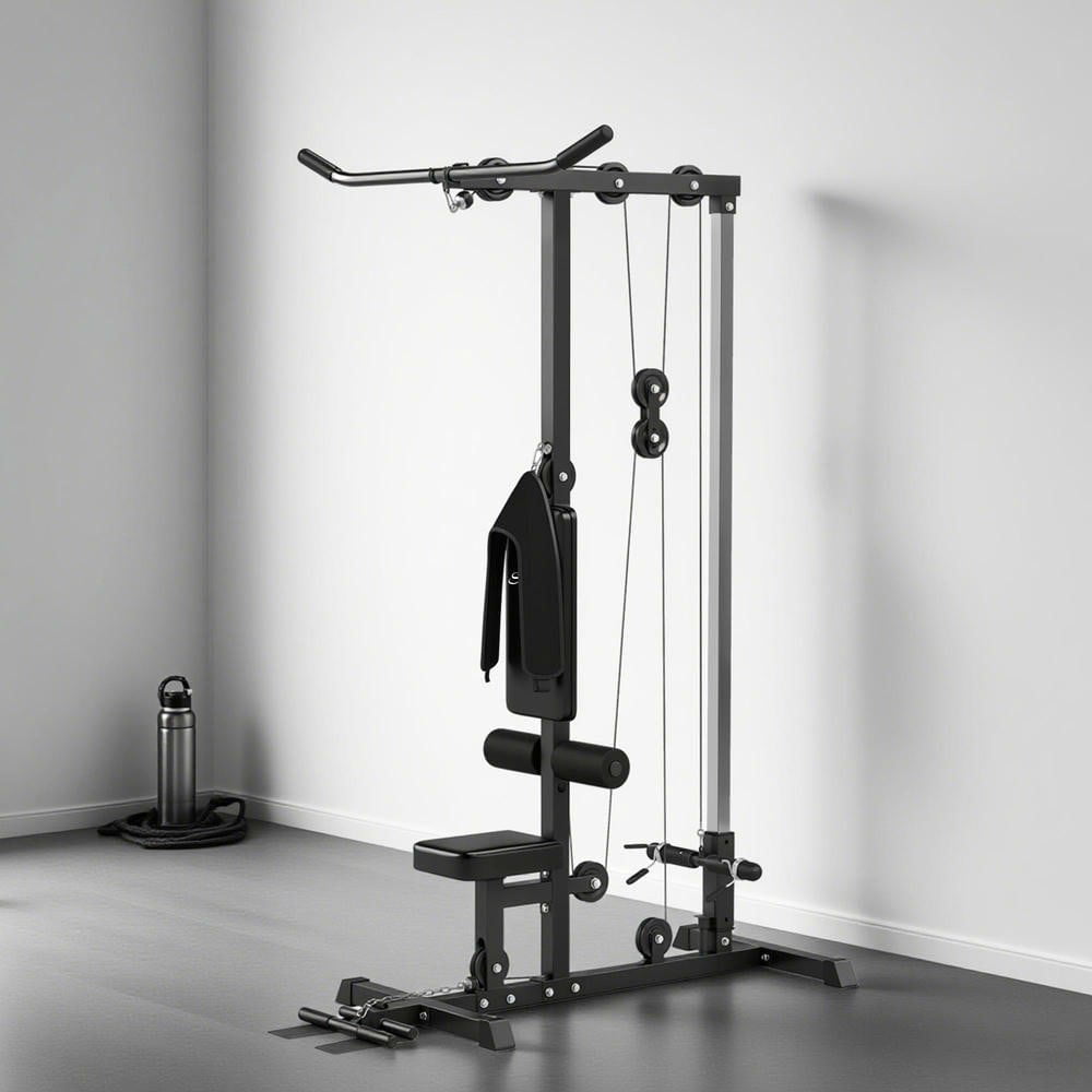 Resenkos Lat Pulldown Machine with High/Low Pulley, Adjustable Seat and Flip-Up Footplate - Black