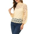 thumbnail image 5 of INSPIRE CHIC Women's Floral Lace Top Turtleneck Puff Long Sleeve See Through Sheer Blouse S Light Beige, 5 of 6