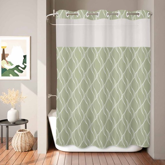 Sage Green Stripes Lines Shower Curtain, Abstract Waves Striped Classic Waterproof No Hooks Bath Shower Curtain with See Through Top Window for Bathroom Bathtub 72x84in
