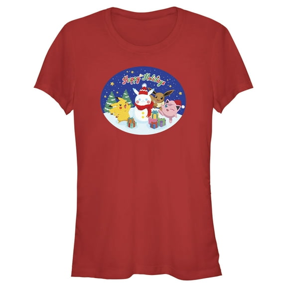 Junior's Pokemon Christmas Happy Holidays Snowman  Graphic Tee Red Large