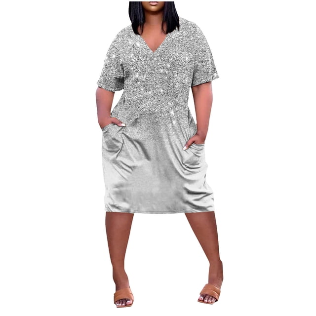 Womens Dresses Fashionable Printed V Neck Comfortable Short Sleeved Knee Length with Pockets Spring Dress Silver XXXXL