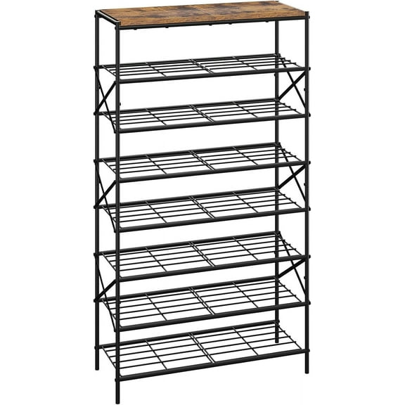 8 Tier Shoe Rack, Large Capacity Shoe Storage Organizer for 32 Pairs of Shoes, Metal Shoe Storage Rack with Shelf for Entryway Hallway Closet Garage, Rustic Brown and Black TXJ018H