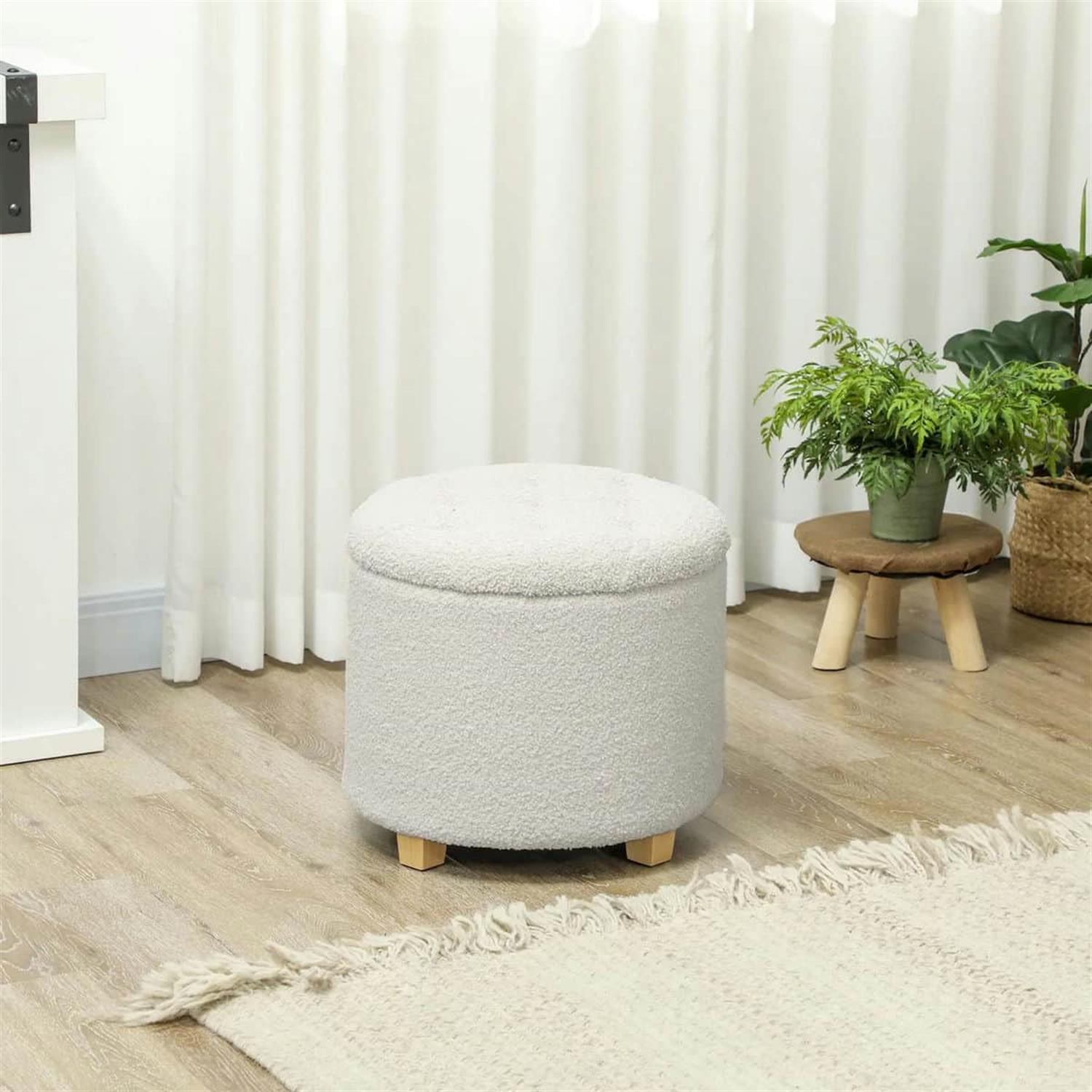 Demi Bonn 17" Round Ottoman with Storage, Wooden Legs, Cozy Teddy Fleece Tufted Footstool Lid for Living Room Hallway, White