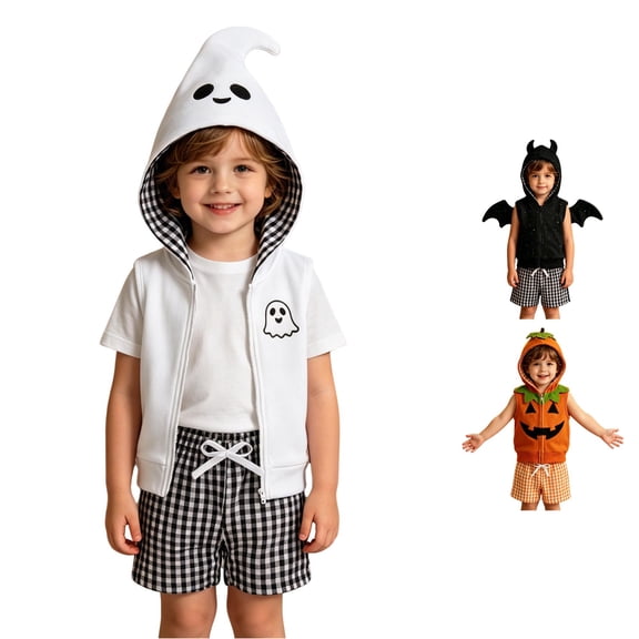 LIIPEE Halloween Outfit Sets For Boys Baby Hooded Sleeveless Zip Up Vests And Plaid Shorts 2 Piece Set Kids Comfortable Cute Casual Outfits,3-4 Years