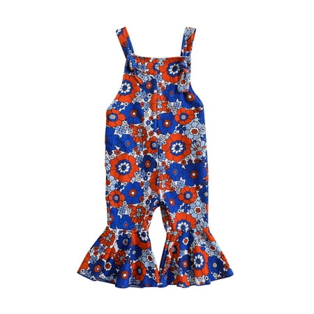

Qtinghua Toddler Baby Girls 4th of July Outfit Floral Print Bell Bottom Overalls Suspender Flare Pants Memoridal Day Clothes