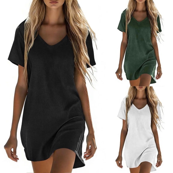 Sakmal Dresses for Women Moomoo Mini Cotton Linen Spring Tshirt Dress Short Sleeve V Neck Black Sundress for Women with Pockets