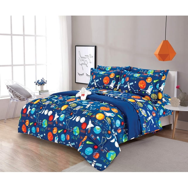Sapphire Home 6 Piece Space Themed Twin Bedding Set for Boys, Bed in a Bag, Kids Comforter Set with Bed Sheets, Pillow Case, Toy Pillow, Planets, Solar System Bedroom Kit for Toddlers, Twin Size