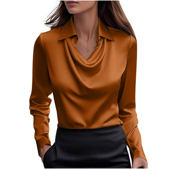 Womens Elegant Satin Slik Blouse, Dressy Cowl Neck Long Sleeve Tops, Casual Office Work Fall Outfits
