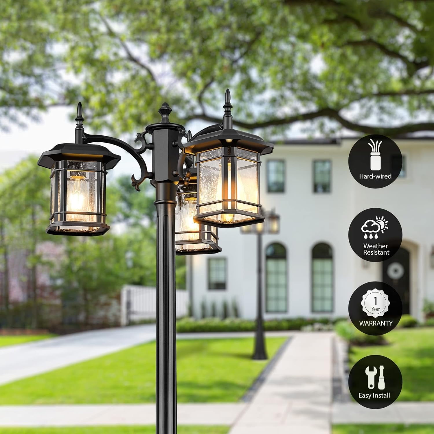 VIANIS Outdoor Lamp Post Light with Outlet 3-Head, Waterproof Outdoor Lamp Post Sconce, Anti-Rust Black Dusk to Dawn Street Light Pole for Garden, House, Doorway, Weather Resistant